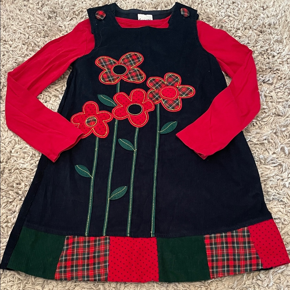 Vintage Samara Navy Corduroy Floral Appliqué Dress, Size 6